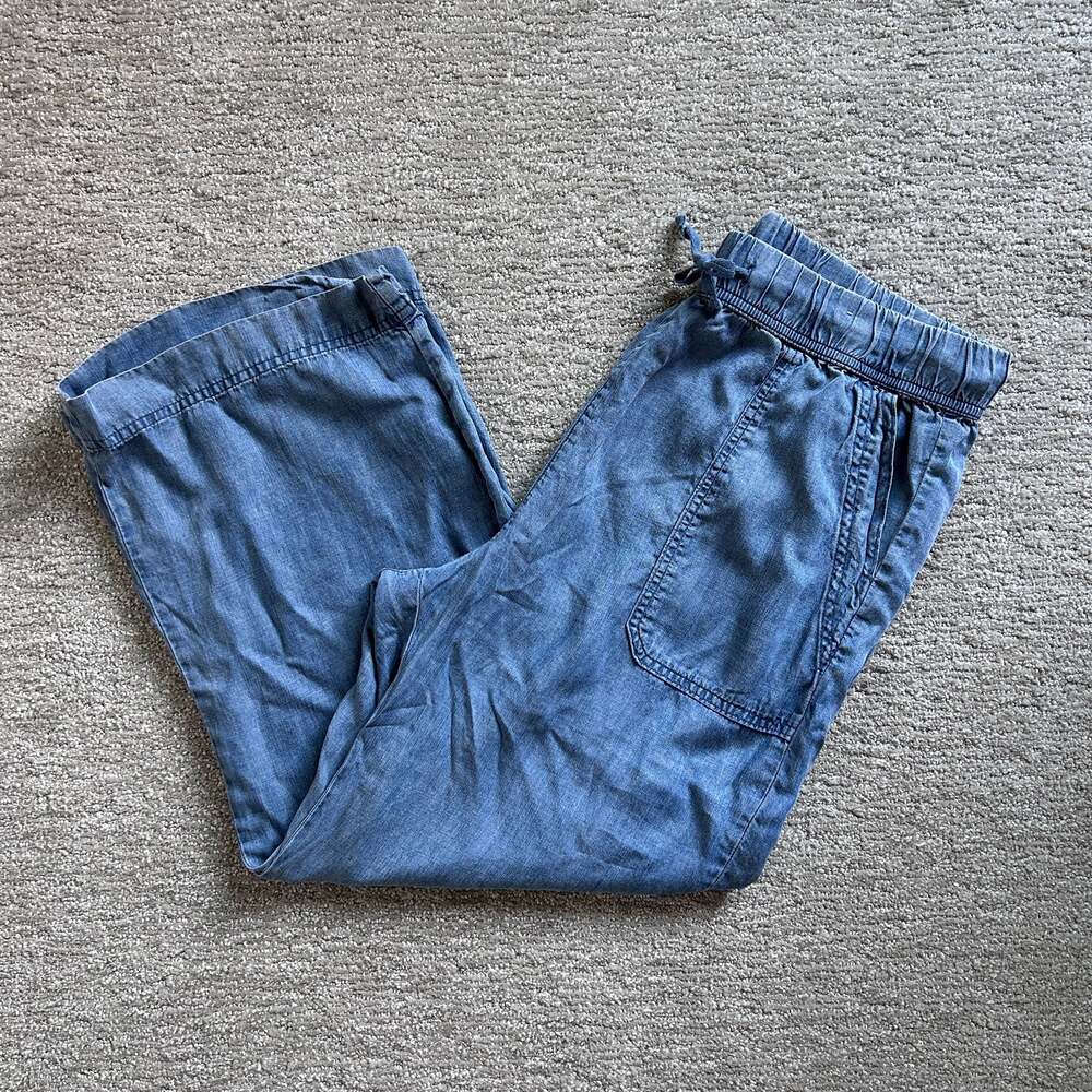 Splendid Chambray Blue Elastic Drawstring Waist Lightweight Cropped Pants Medium